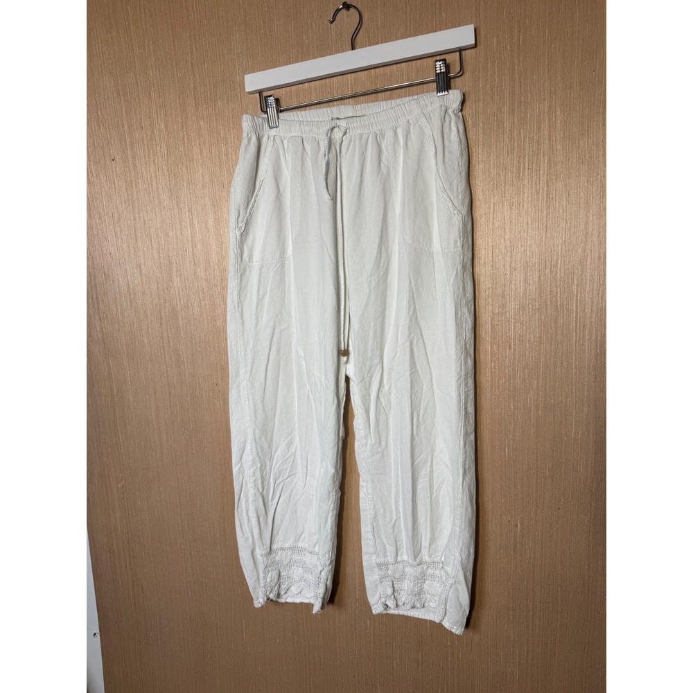 Sea Spice White Peruvian Cotton Crochet Lace Hem Crop Pants Womens Large Resort